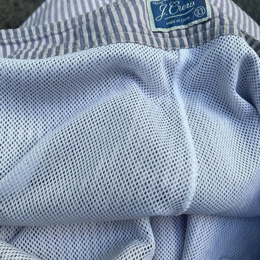 J Crew Mens 33 Seersucker Swim Trunks Cargo Shorts Green Tan Striped Mesh Lined‎